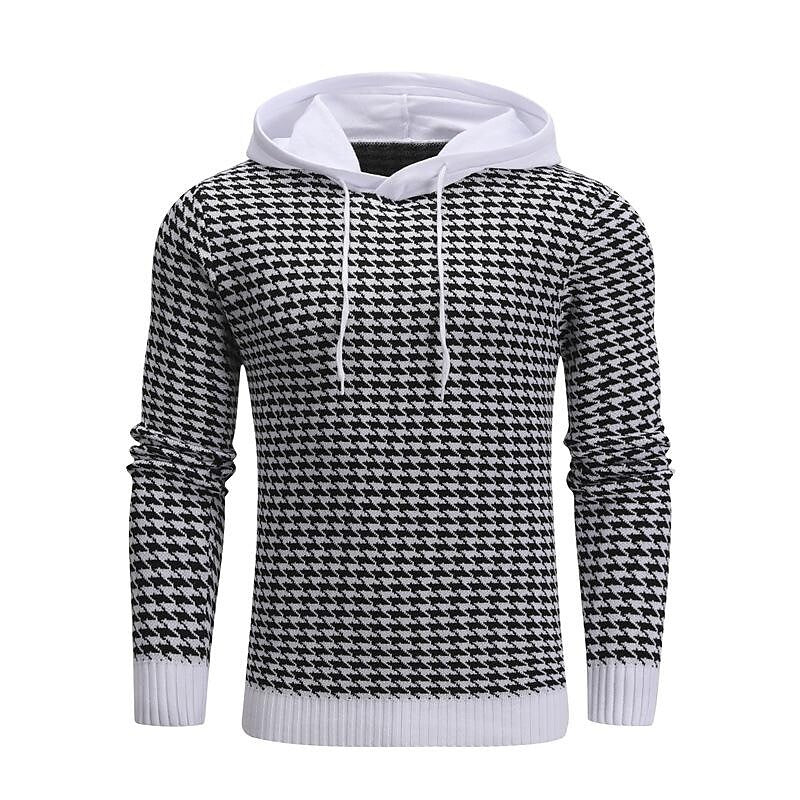 Pull à capuche pour homme en jacquard pied-de-poule, style vintage basique