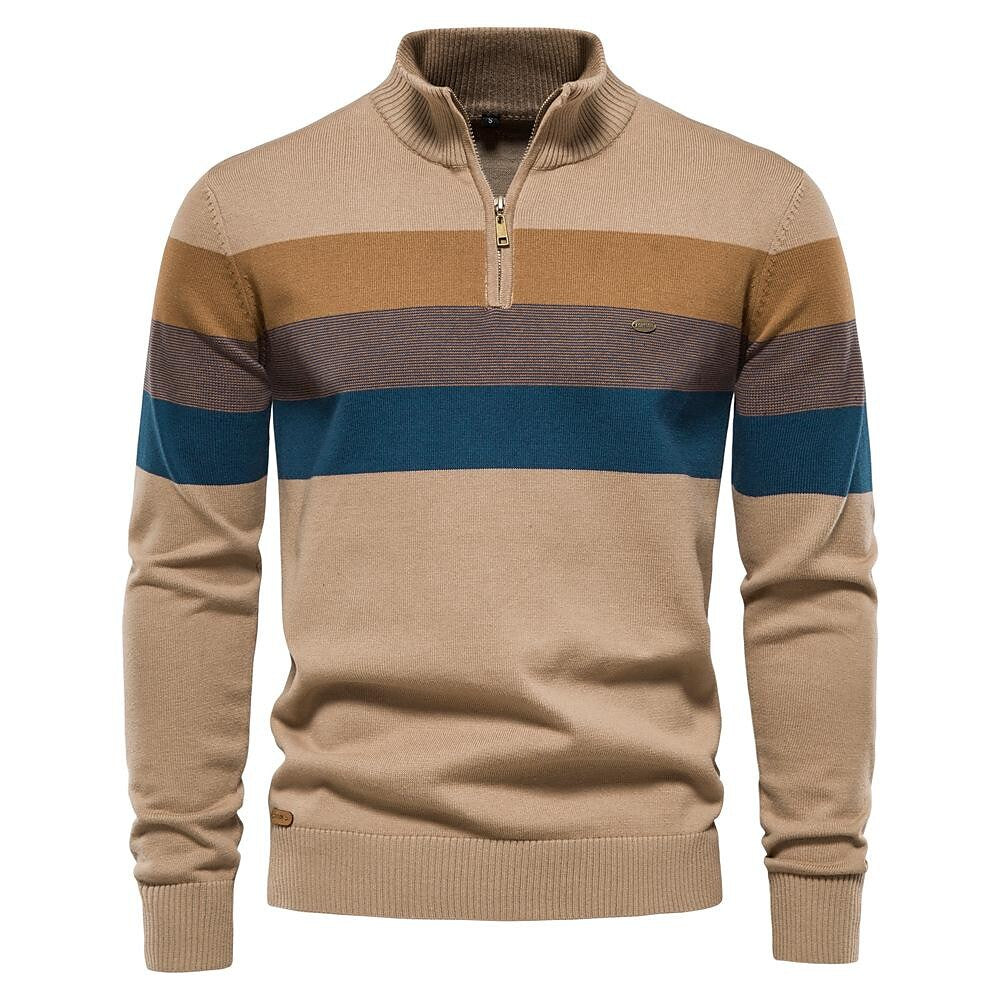 Herren-Pullover mit halbem Reißverschluss, Stehkragen und Kontraststreifen