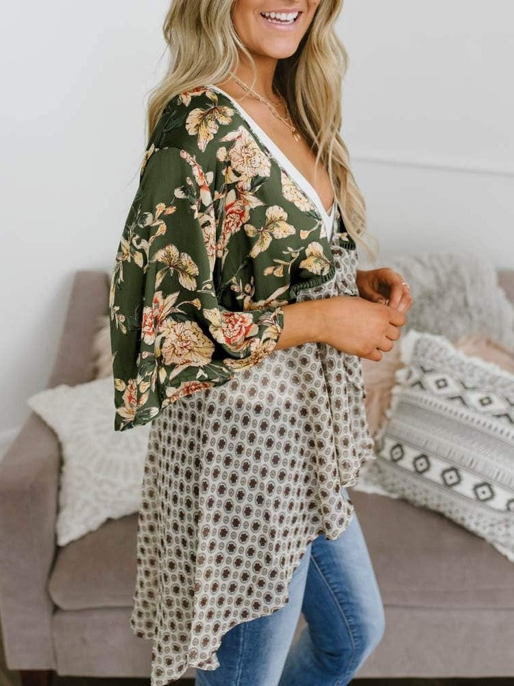 Cardigans Kimono Femme à Manches Volantes et Nœud, Imprimé Floral, Bohème Fluide et Ample
