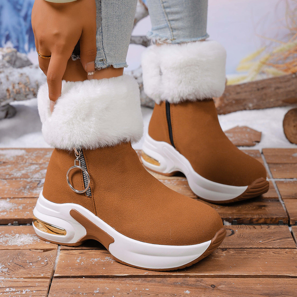 Bottes de neige chaudes doublées polaire avec fermeture éclair latérale pour femme